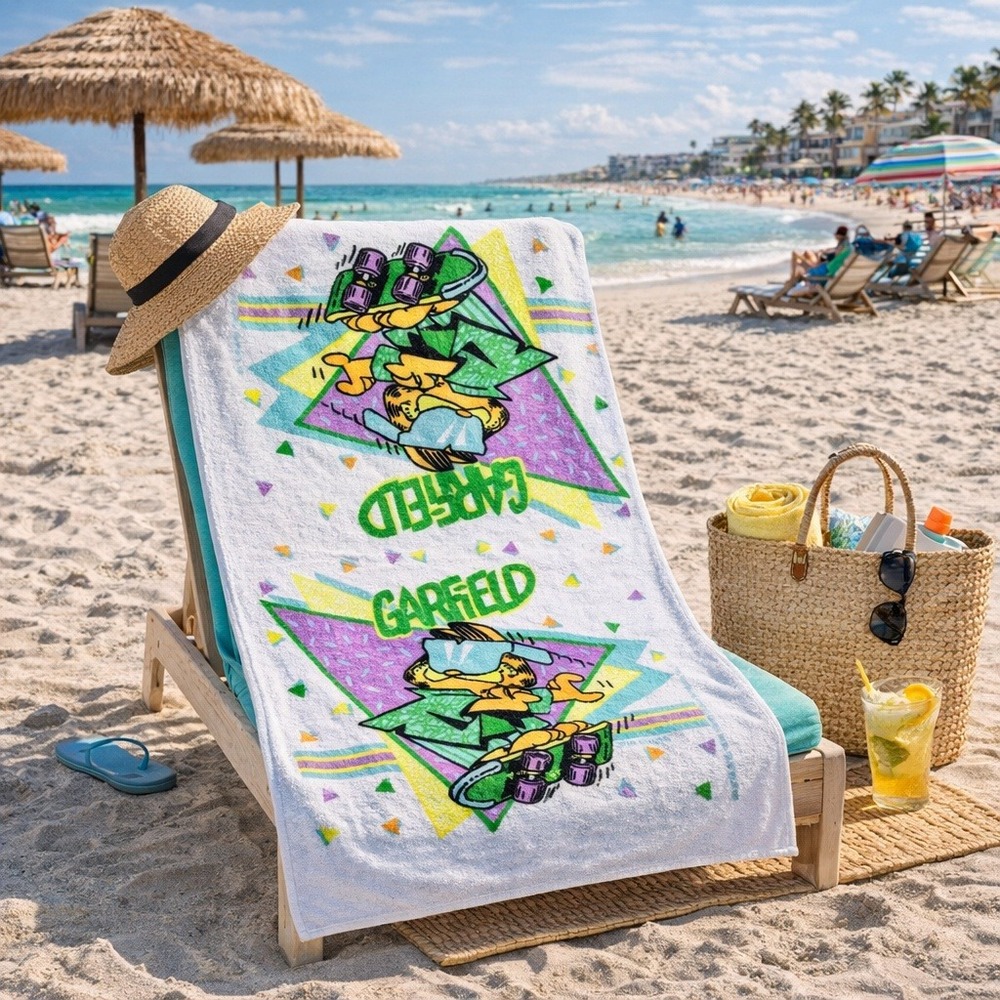 Vintage 1978 Garfield Skateboard Beach Towel White Green Purple Blue 24x42